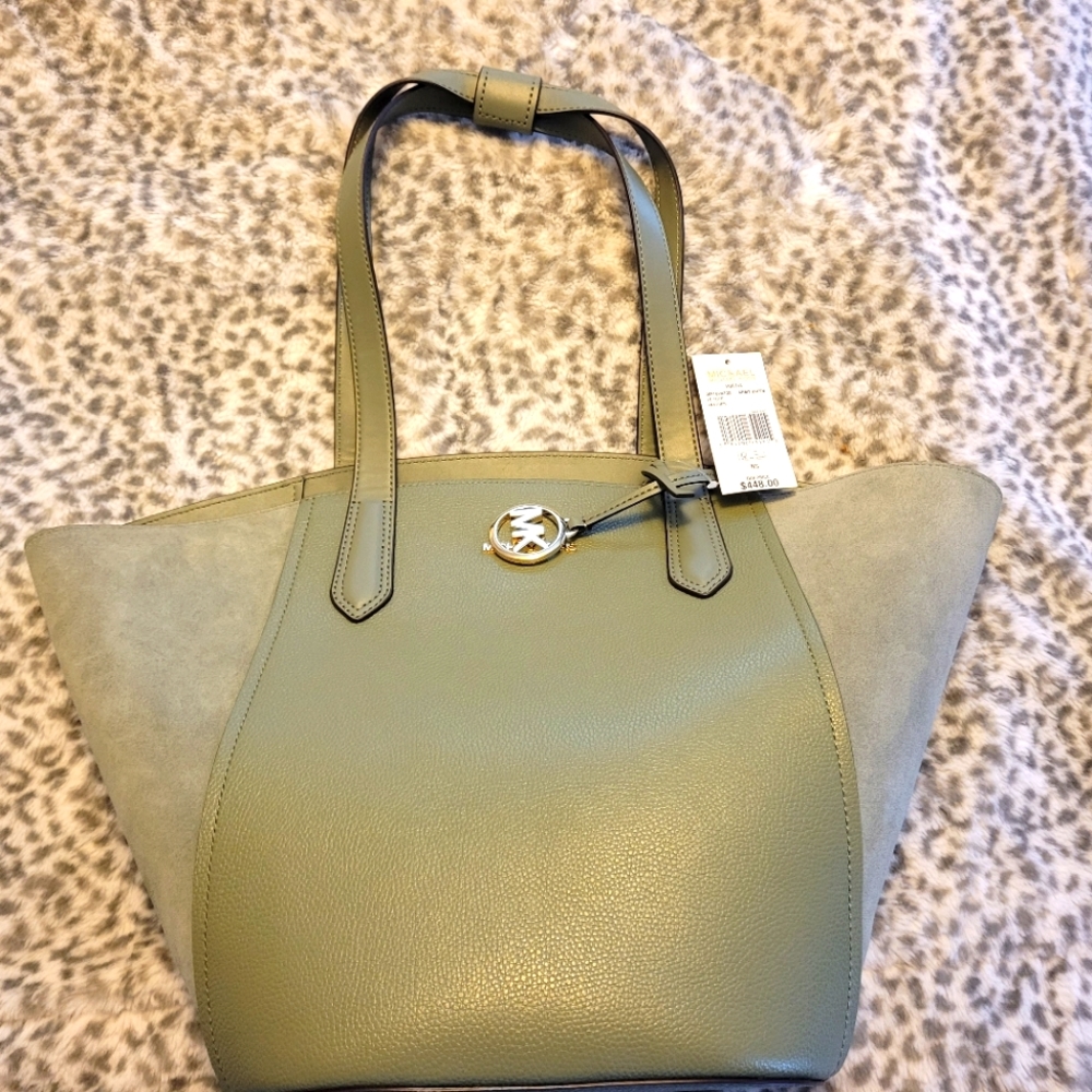 NWT Michael Kors Portia Large Tote (leather and suede, Army Green)